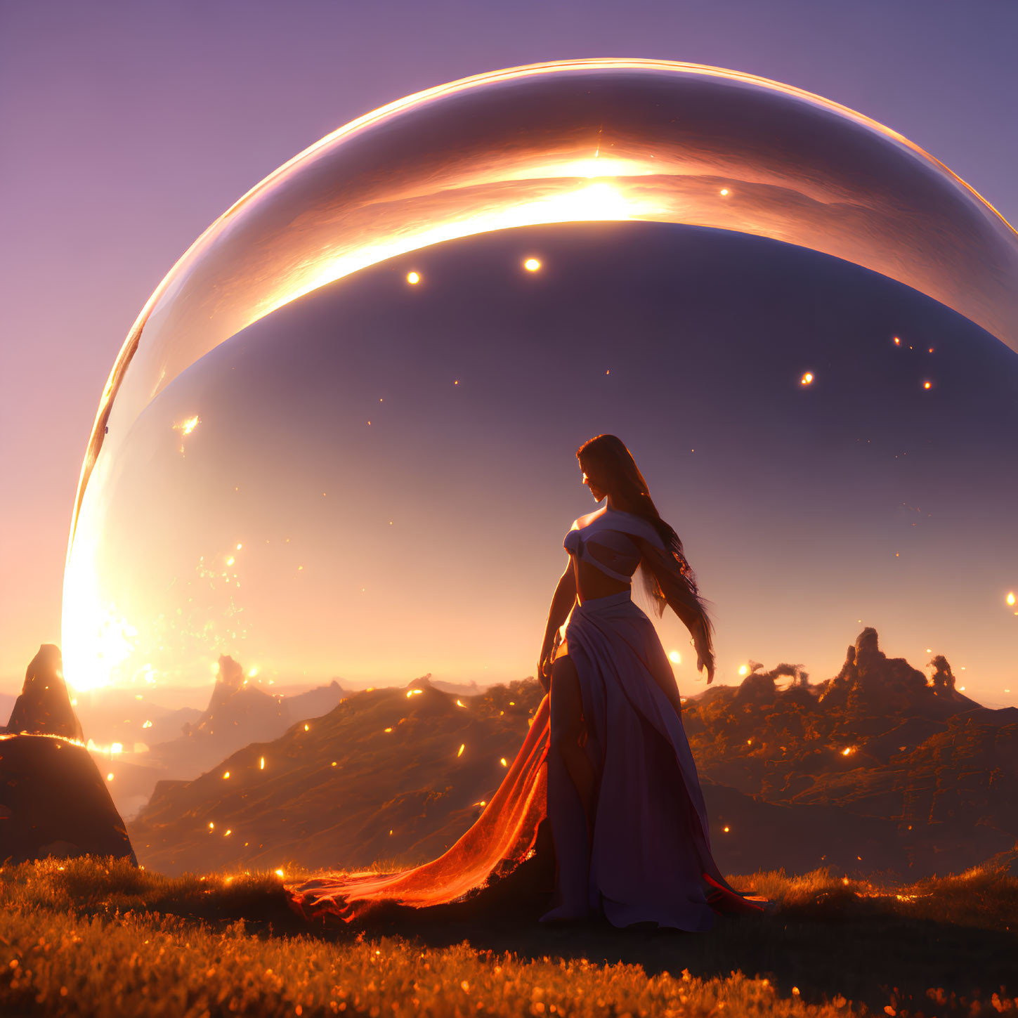 Woman in flowing dress gazes at glowing orb on grassy hill at sunset