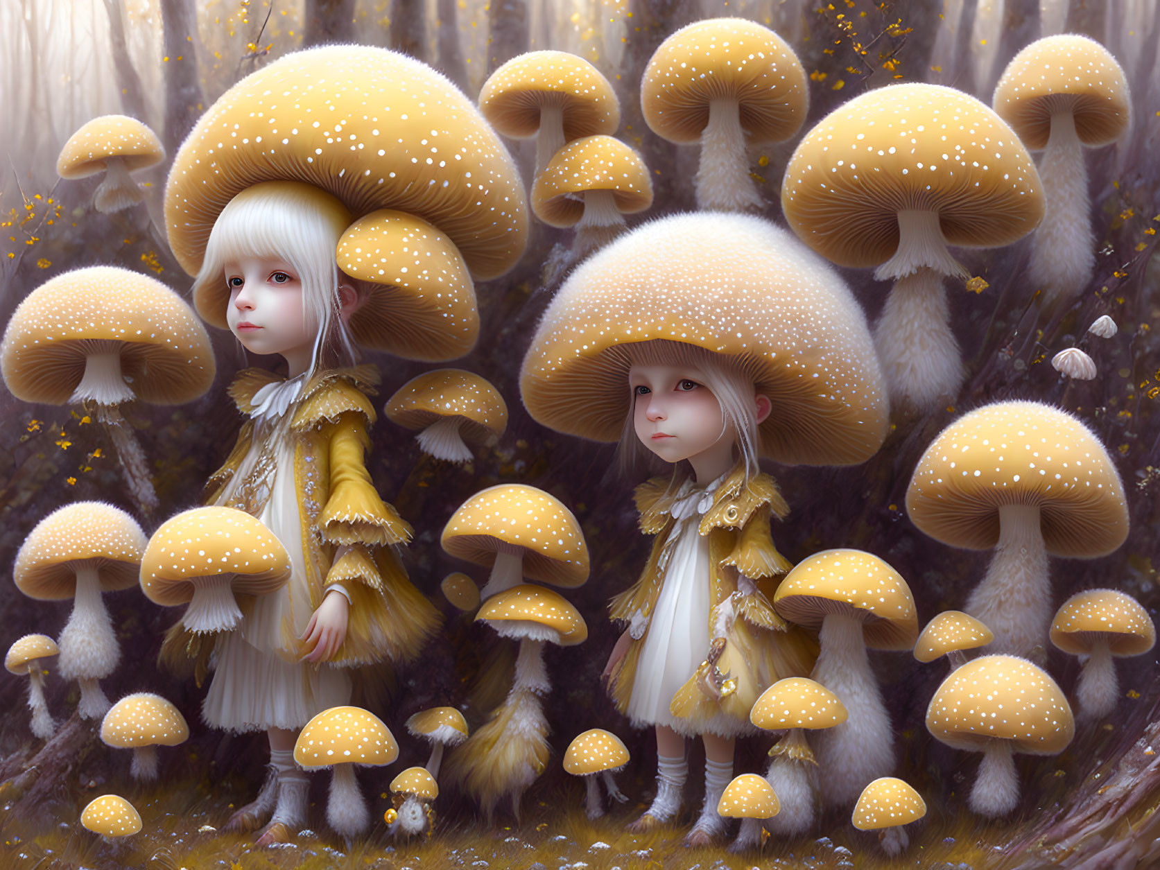 Identical characters in yellow dresses among oversized mushrooms