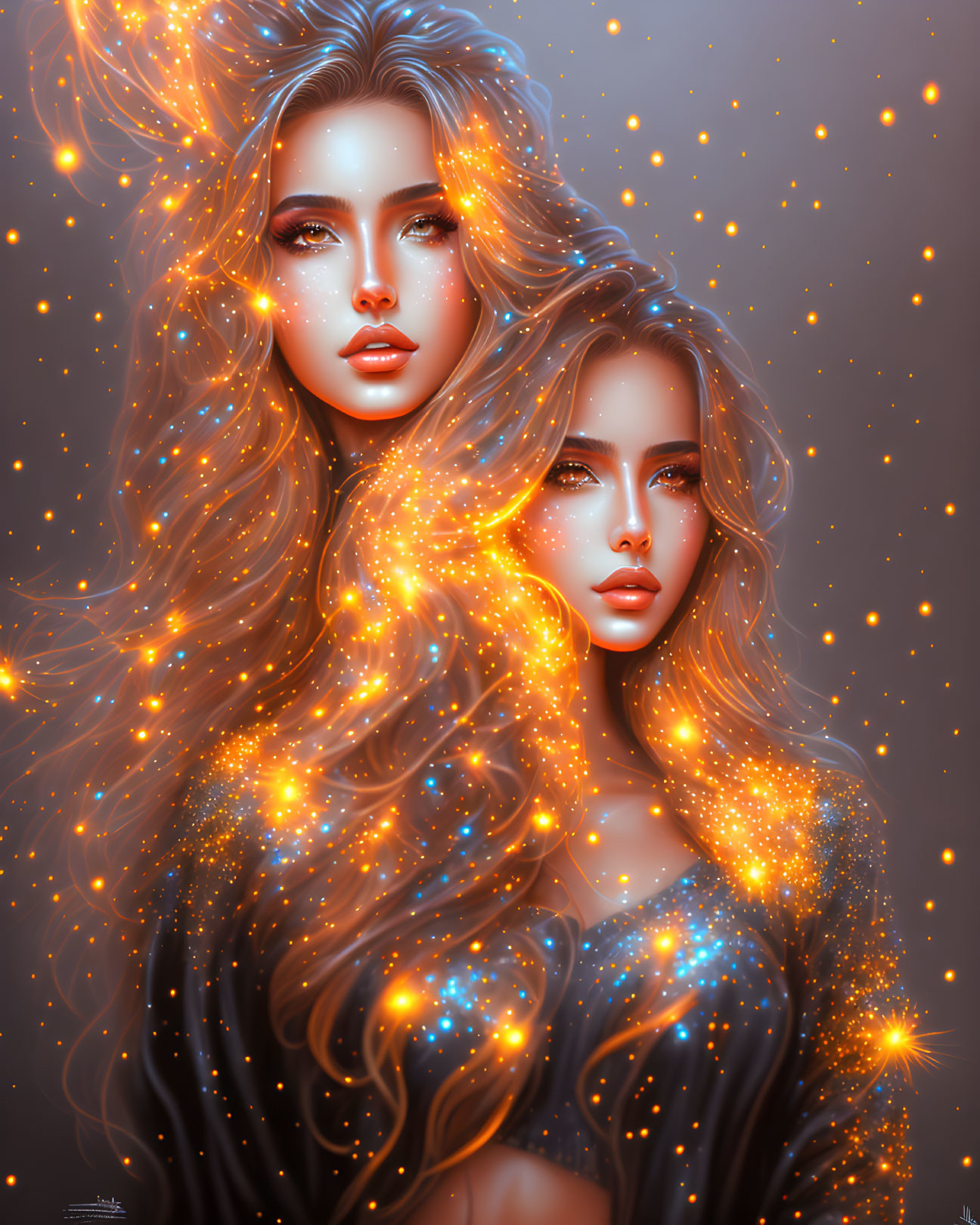 Starry Hair Women in Cosmic Background