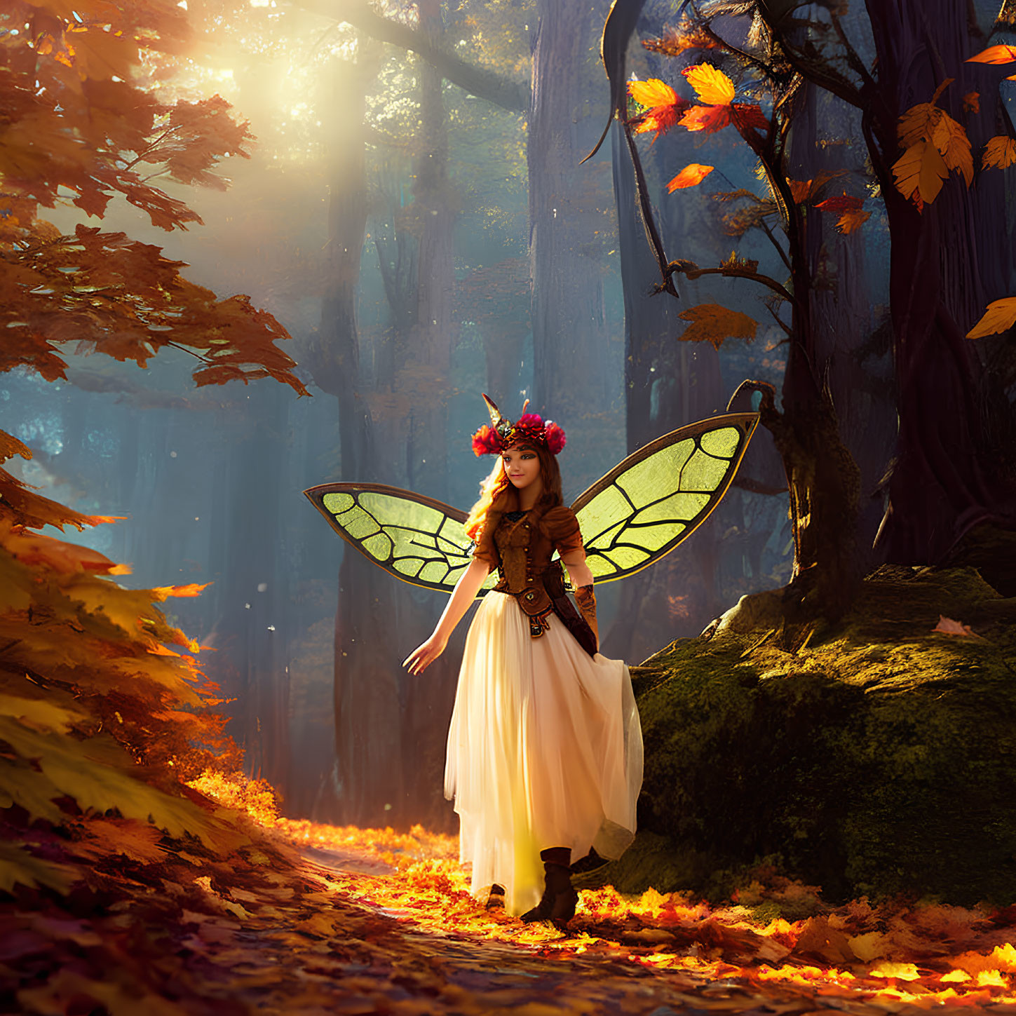 Person in fairy costume with translucent wings in sunlit autumn forest.