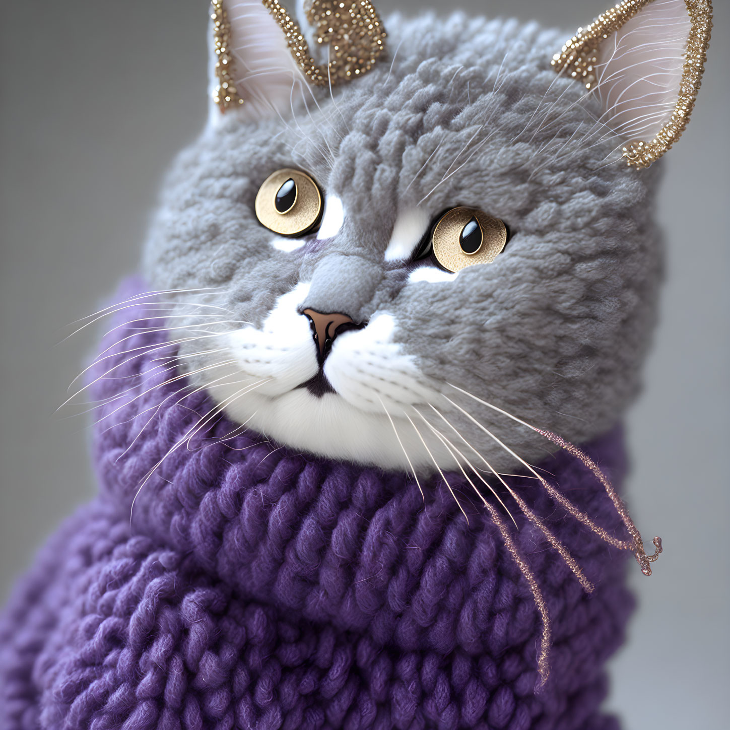 Gray Cat with Gold Eyes in Purple Sweater and Gold Accessories