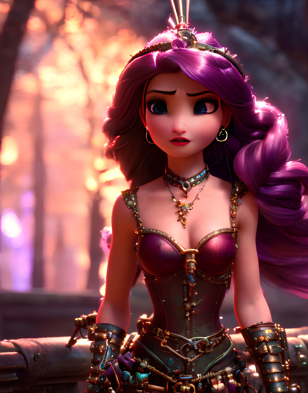 Purple-haired animated princess in steampunk attire among glowing forest trees