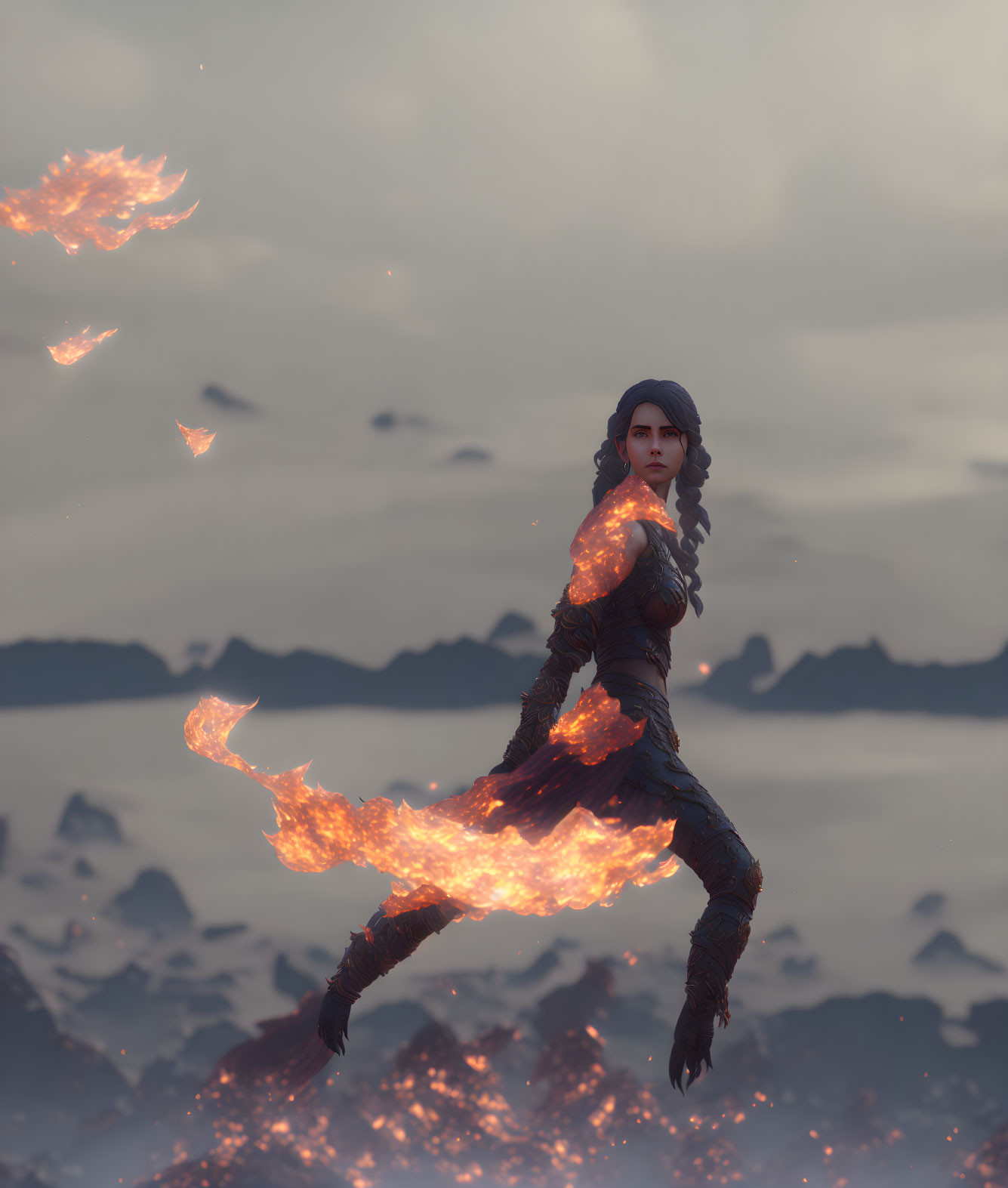 Female warrior with fire powers leaping amid embers against mountain backdrop