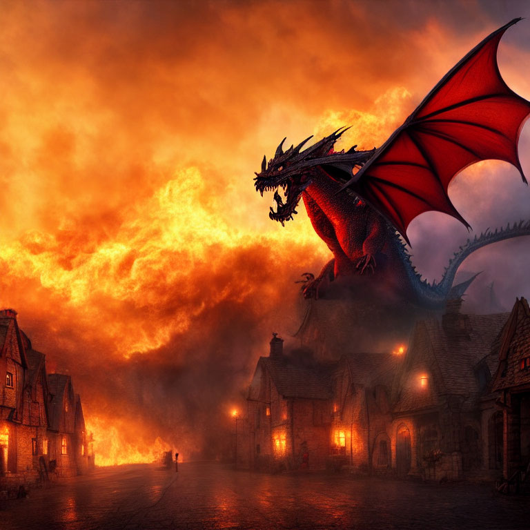 Red Dragon overlooking medieval village under fiery sky