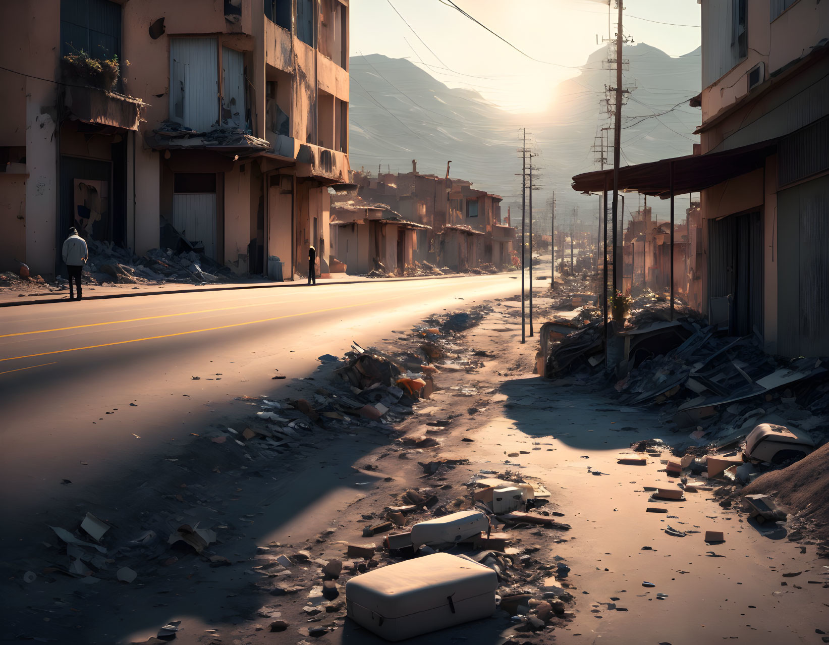 Desolate street with damaged buildings at sunset