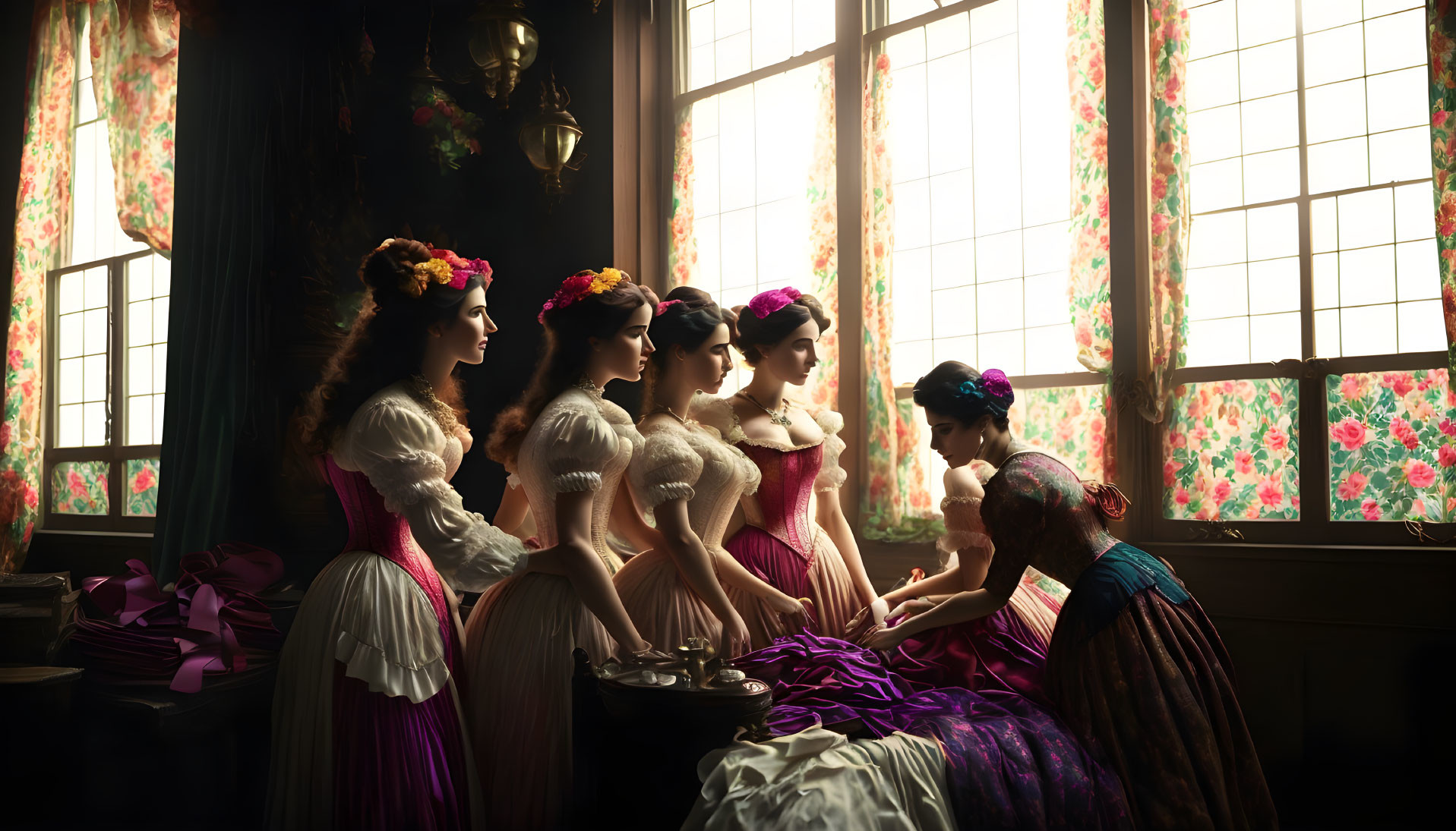 Vintage dresses and flower crowns: Women in serene setting by window