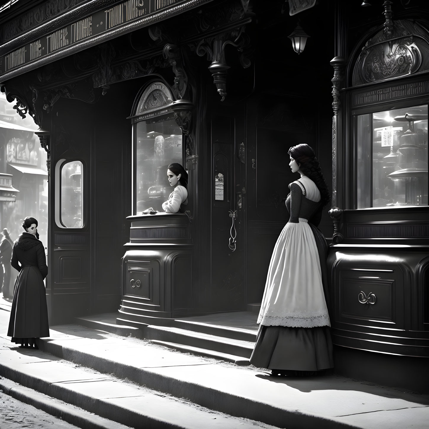 Vintage black and white street scene with three women in period clothing outside an elegant building.