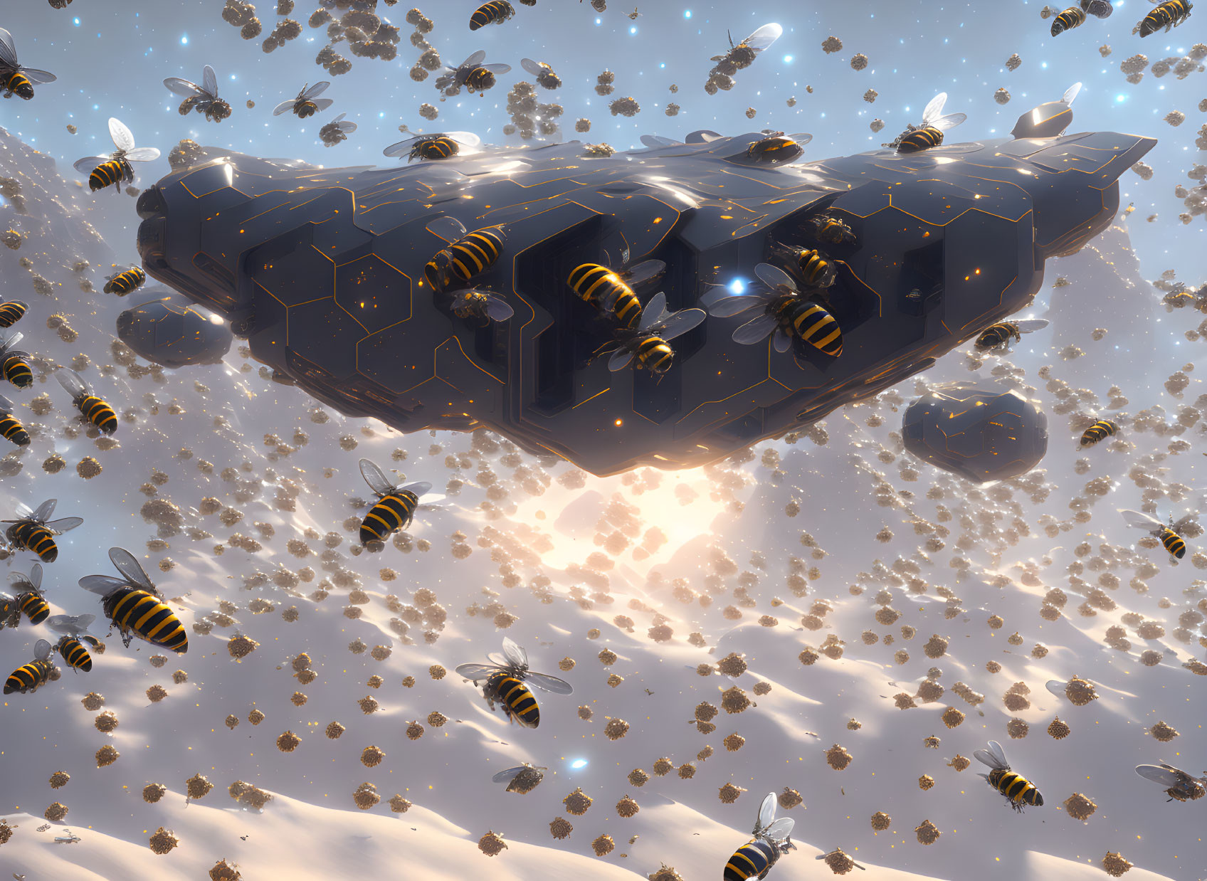 Large Bee-Like Spaceship Surrounded by Bees in Golden Light