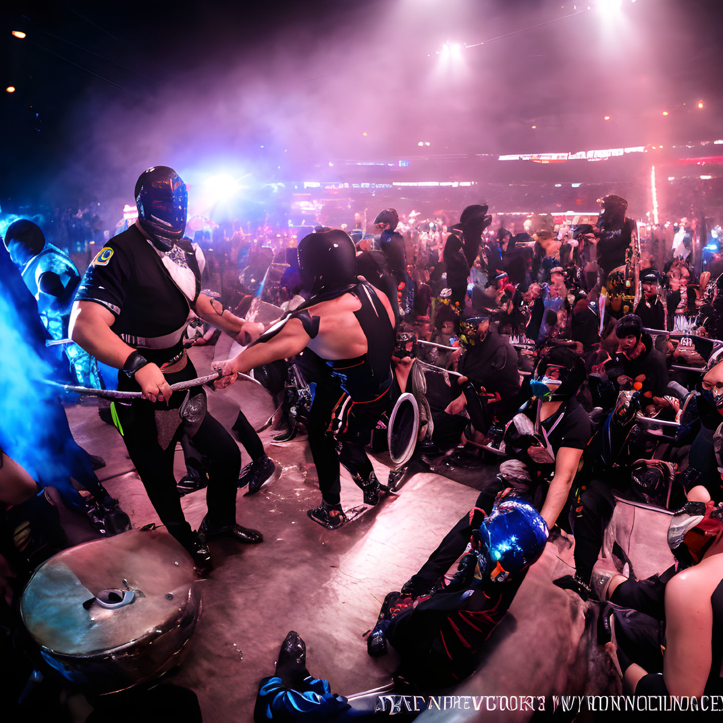 Protest scene with police and protesters in riot gear amid colored smoke