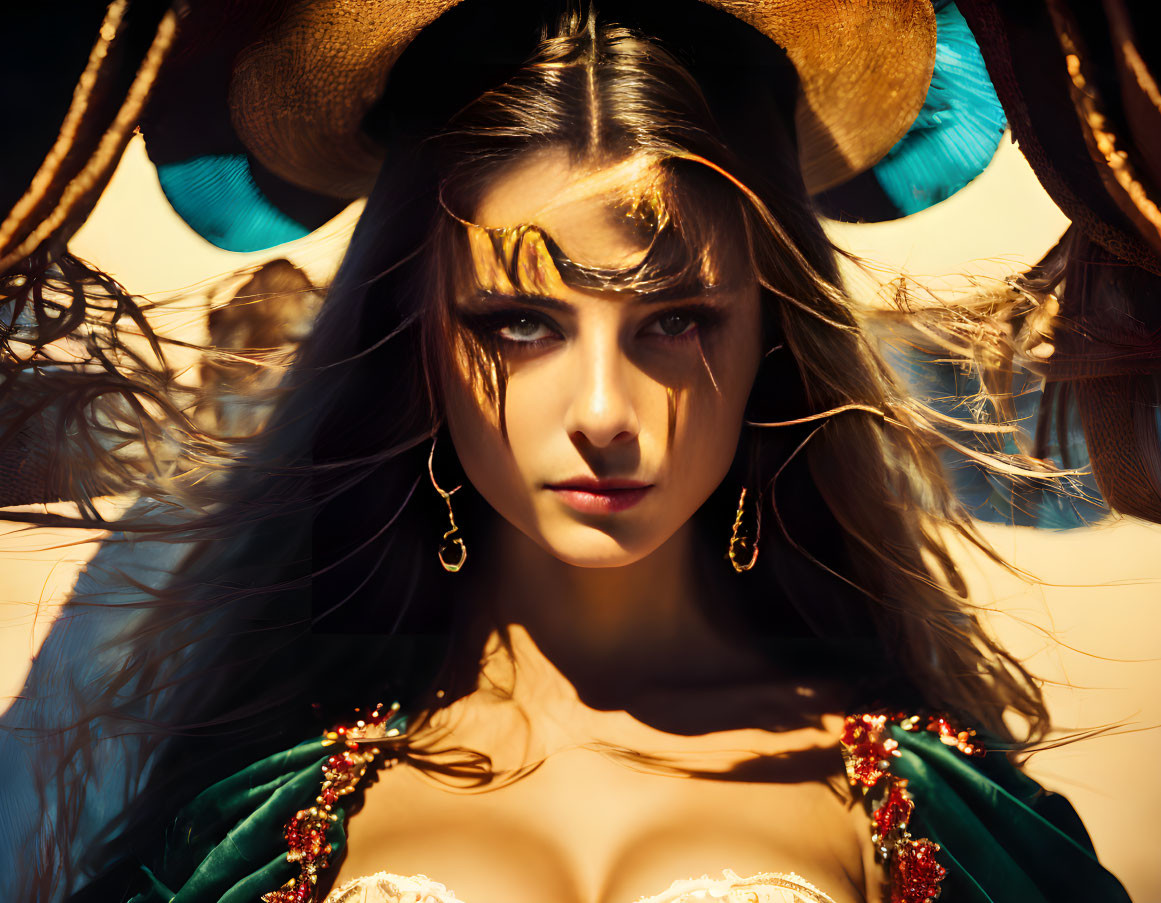 Intense woman with dramatic makeup and pirate hat in golden earrings