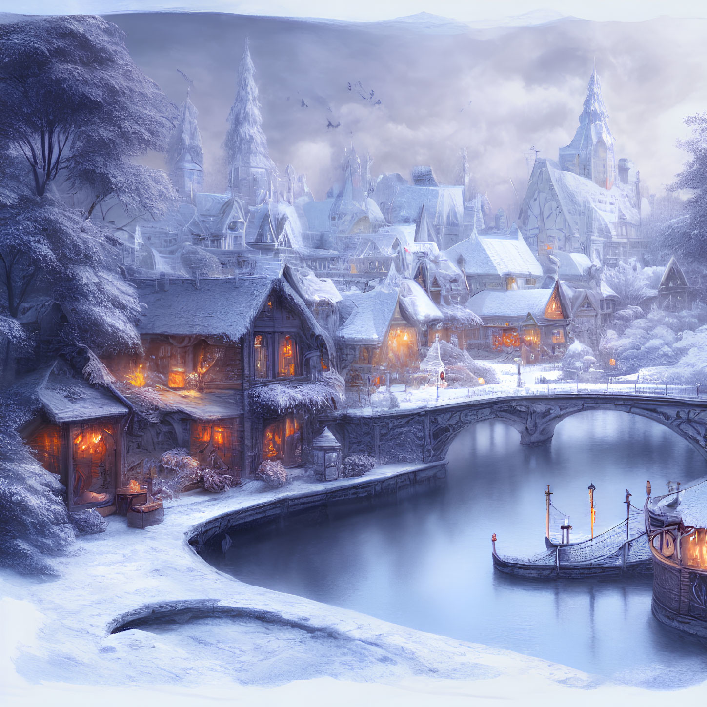 Snow-covered cottages in serene winter village scene with stone bridge, calm river, glowing windows, and