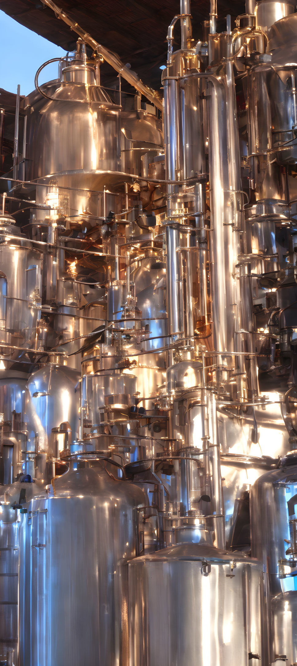 Shiny Stainless Steel Distillation Equipment with Interconnected Pipes and Tanks