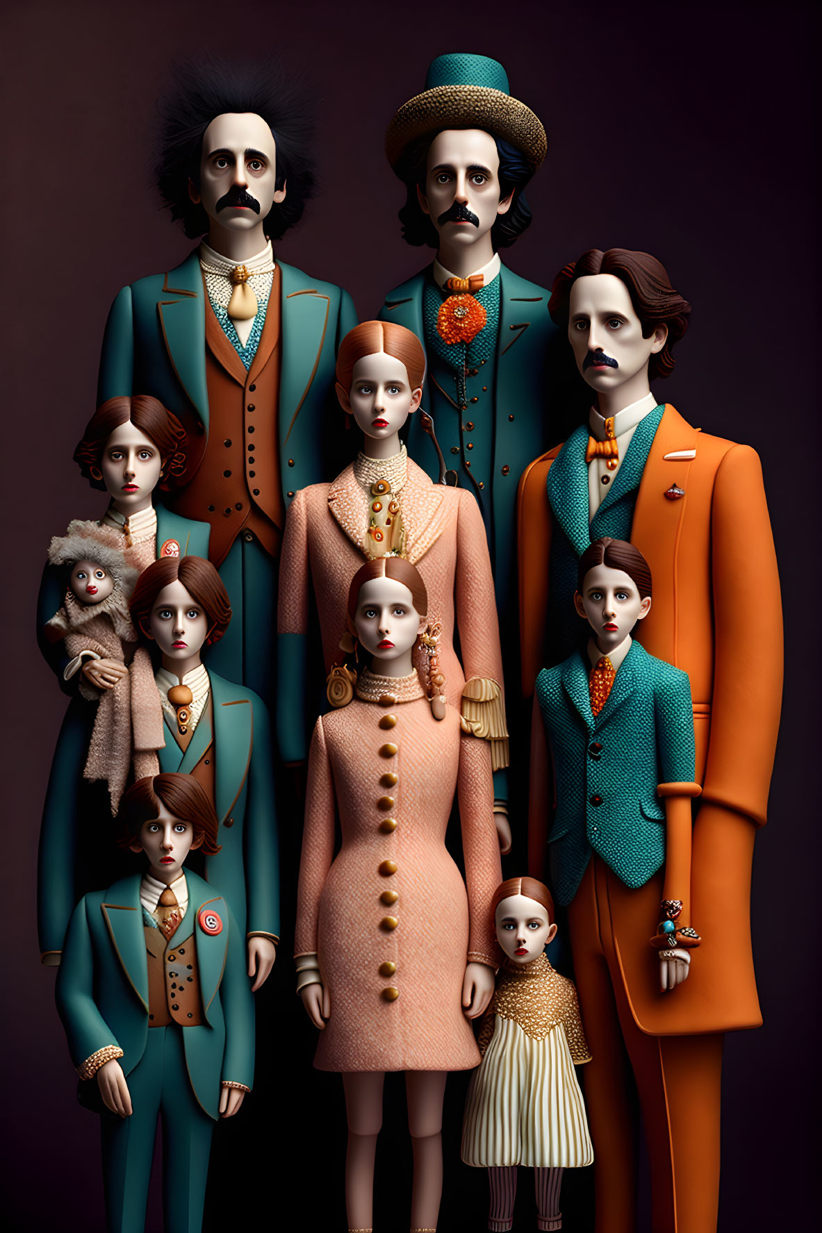 Stylized family characters in vintage outfits on dark backdrop