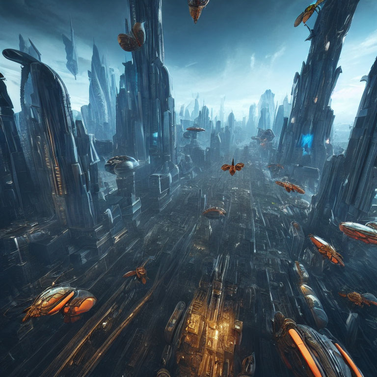 Futuristic cityscape with towering skyscrapers and flying vehicles