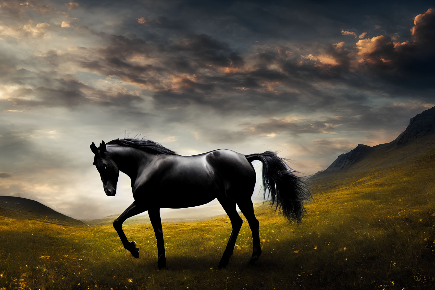 Majestic black horse galloping in field with golden flowers and dramatic sky