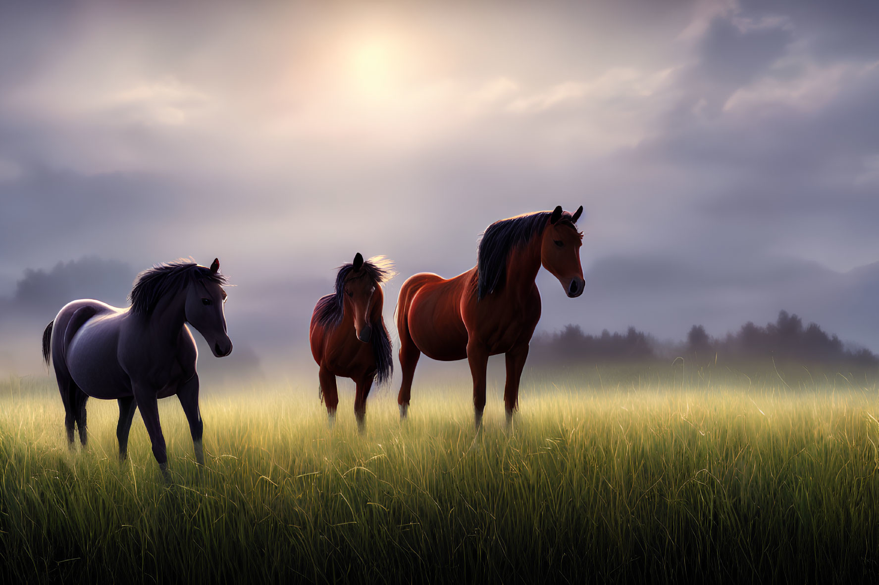 Misty field sunrise scene with three horses