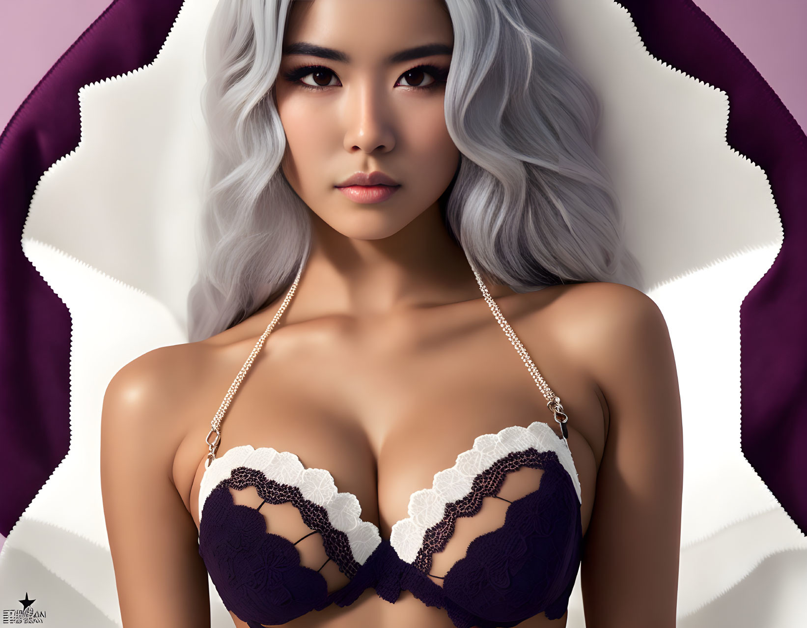 Silver-haired woman in purple lace bra with white cape portrait