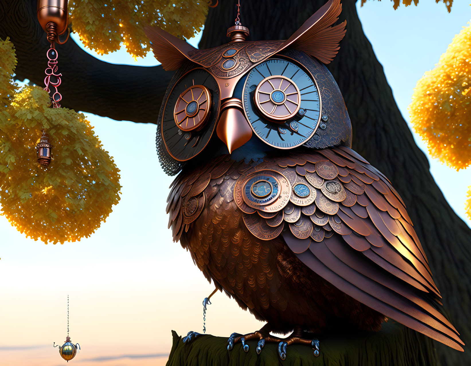 Steampunk mechanical owl perched on branch with lanterns in golden foliage