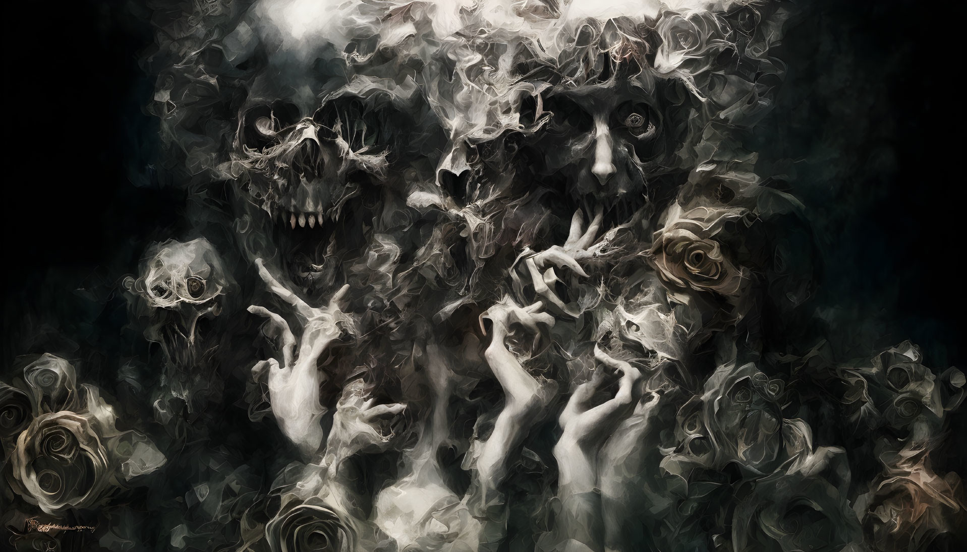 Dark surreal artwork: ghostly faces, hands, abstract smoky background, rose-like patterns