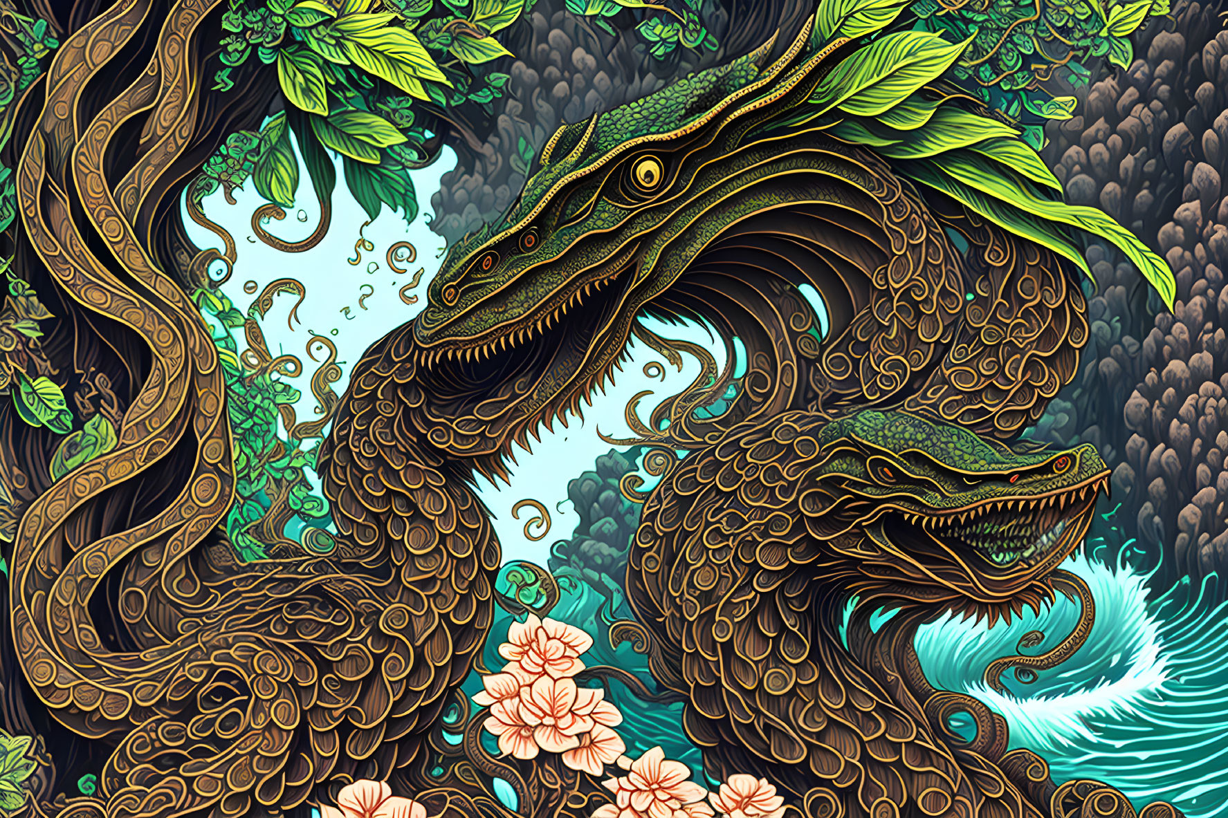 Detailed Illustration: Intertwined Dragons in Floral Patterns & Lush Foliage