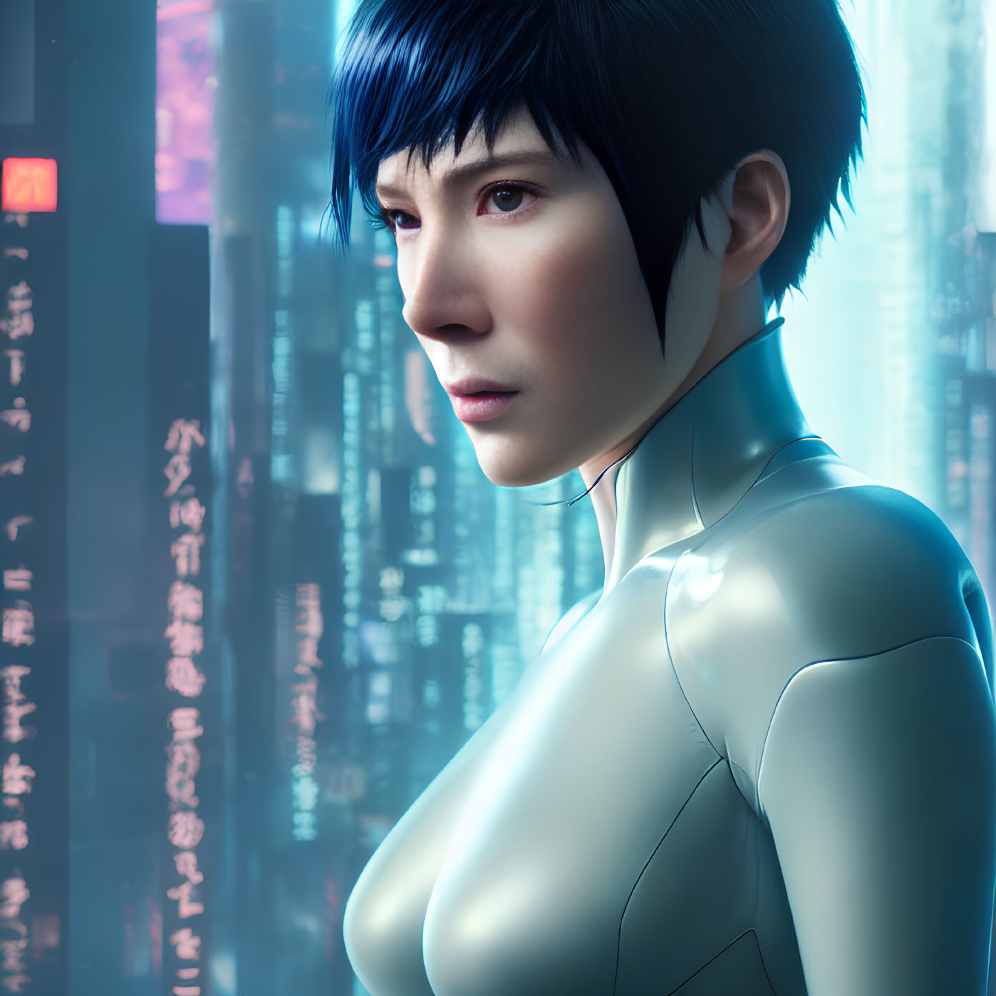 Futuristic 3D Female Character in Tight Suit with Short Black Hair