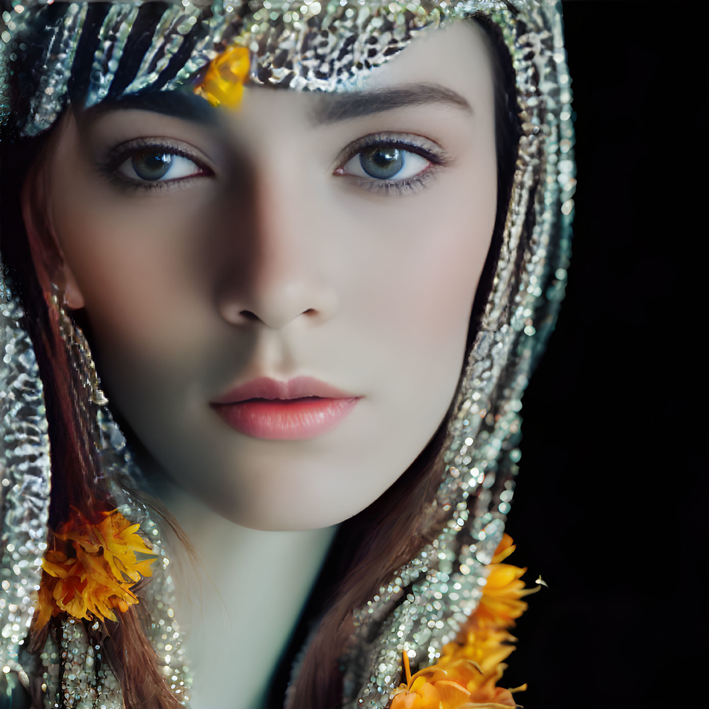 Woman with Blue Eyes in Silver Headpiece with Yellow Accents and Orange Flowers on Dark Background