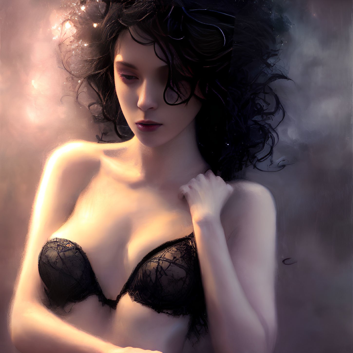 Portrait of Woman with Curly Black Hair and Lace Bra in Mist