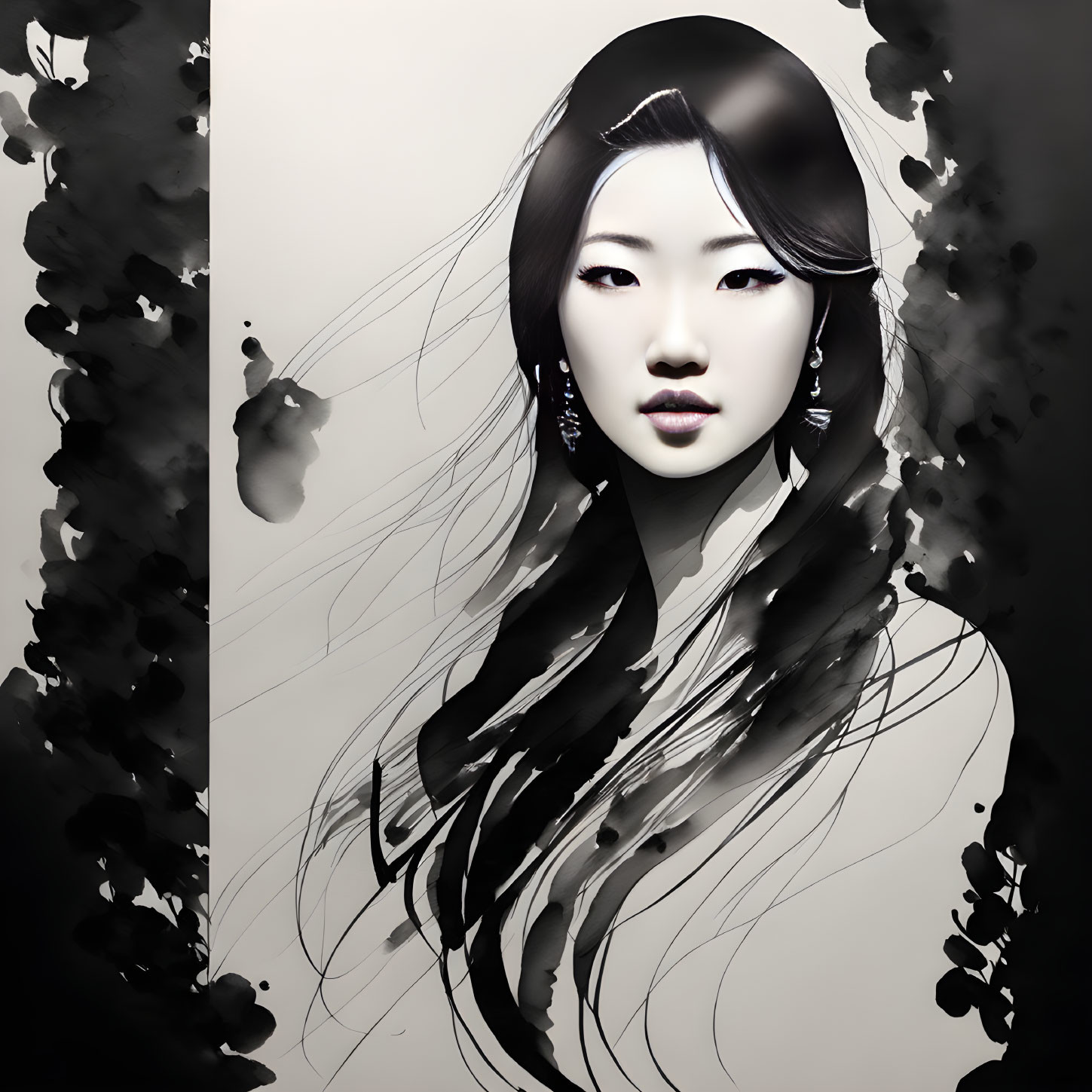 Monochrome artistic illustration of a woman with flowing hair and delicate features