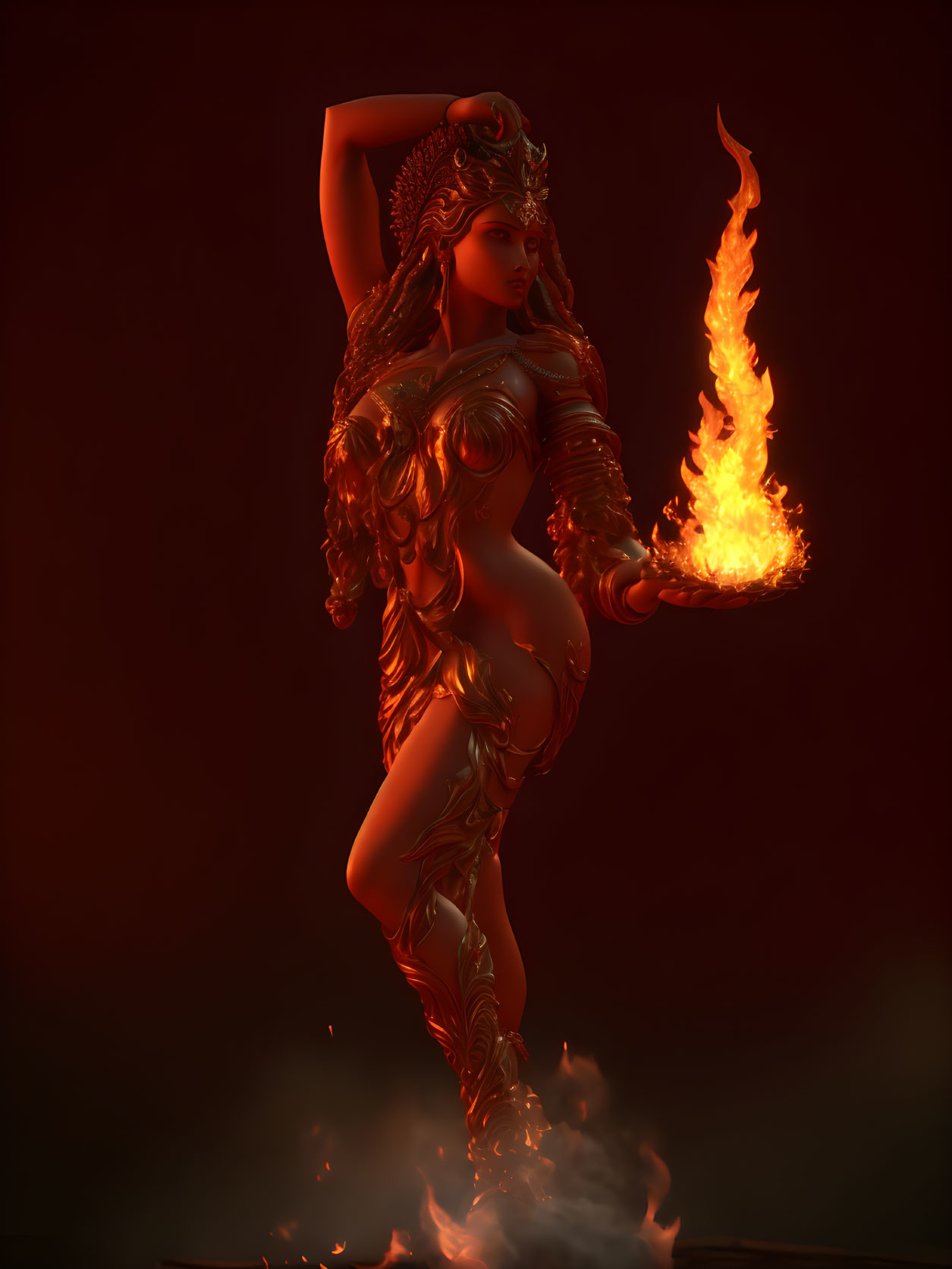 Golden armored figure holding flame against dark background