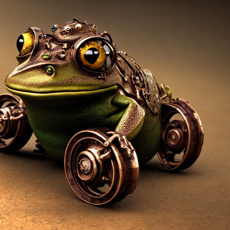 Steampunk-style frog with mechanical legs and cogwheel-rimmed eyes