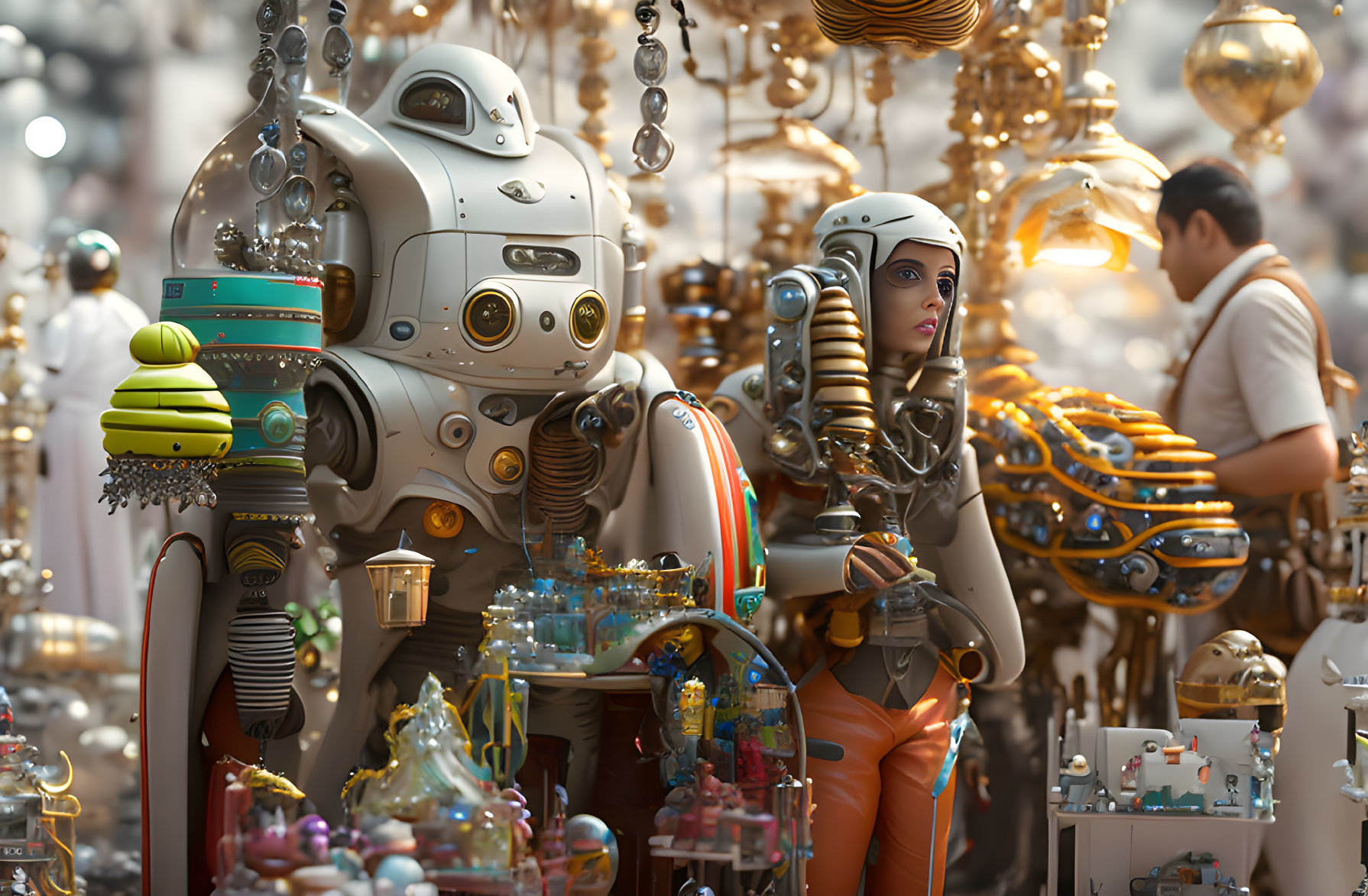 Humanoid robot and woman with cybernetic enhancements in intricate bazaar.