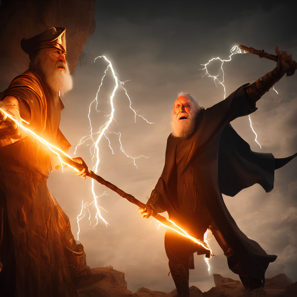 Wizard duel with lightning staff and energy channeling in stormy setting