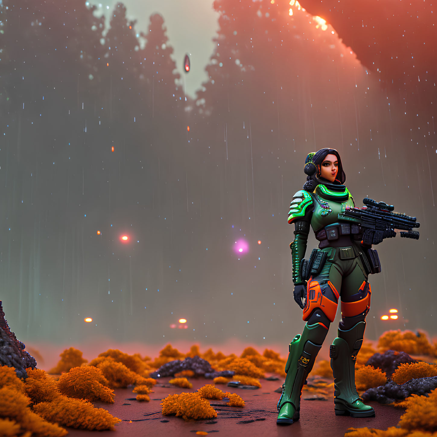 Futuristic soldier in green and orange armor in misty alien forest