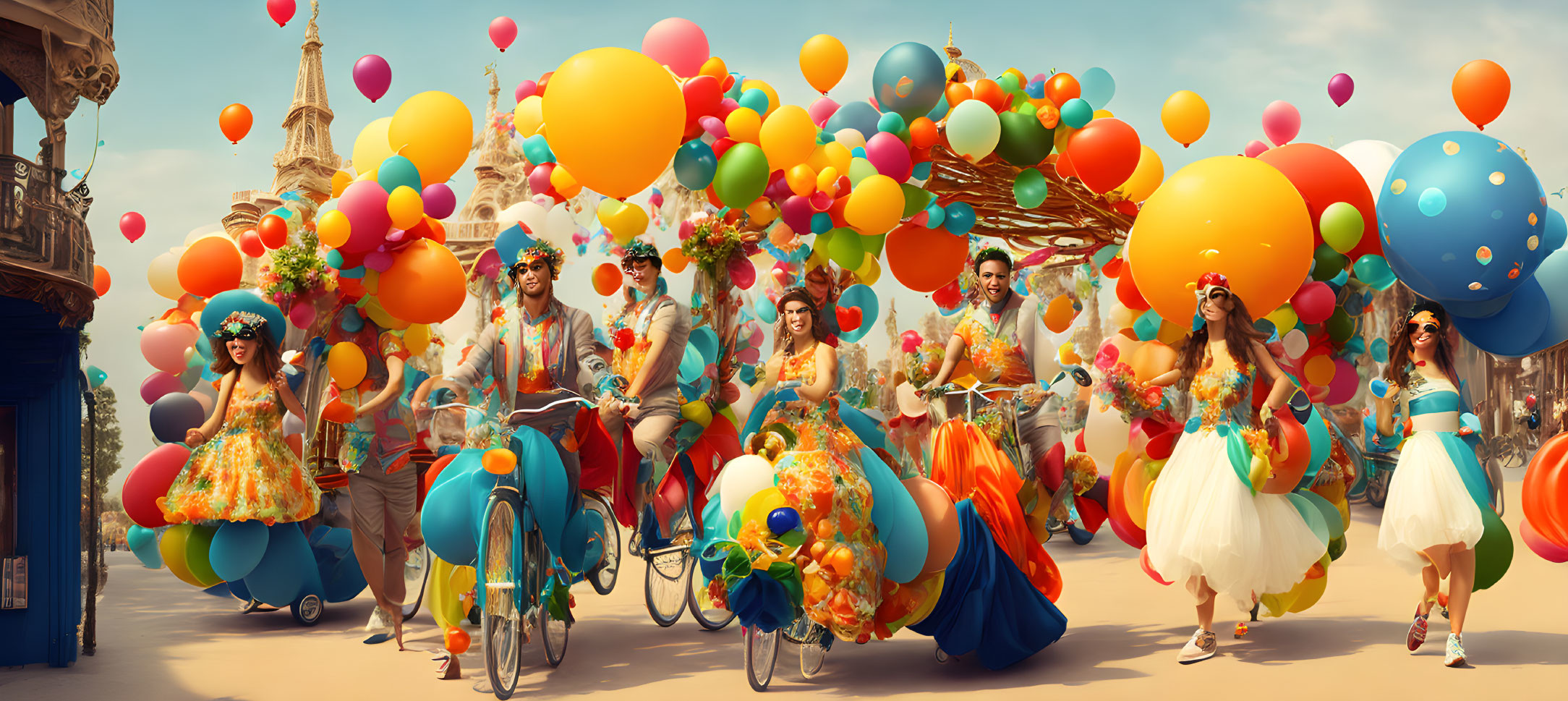 Colorful Procession of Individuals in Flamboyant Outfits with Multicolored Balloons