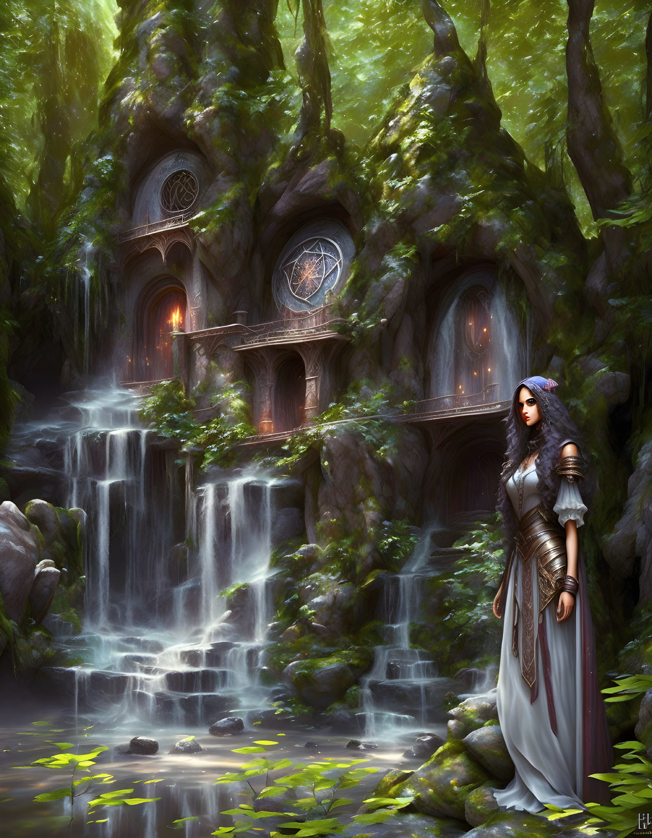 Medieval woman at forest waterfall with hidden house in rock landscape