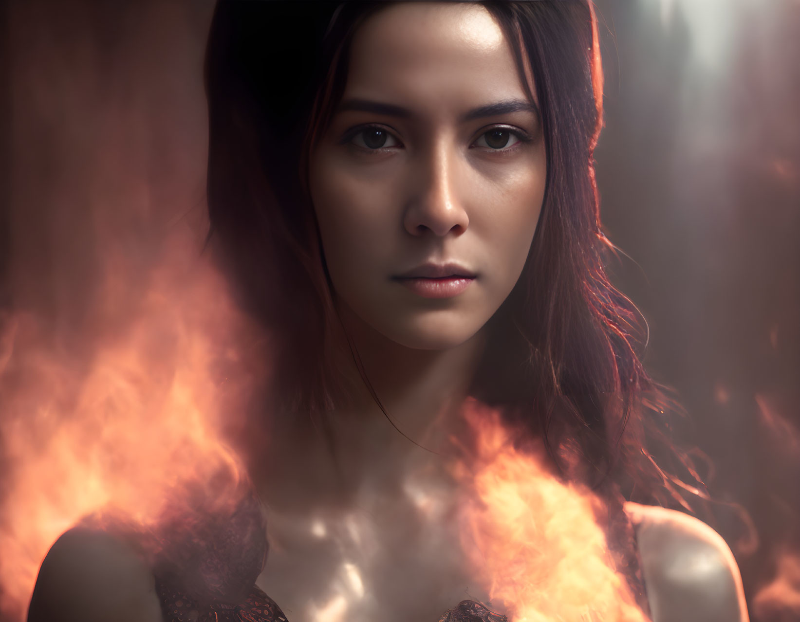 Serious woman surrounded by ethereal flames and soft lighting