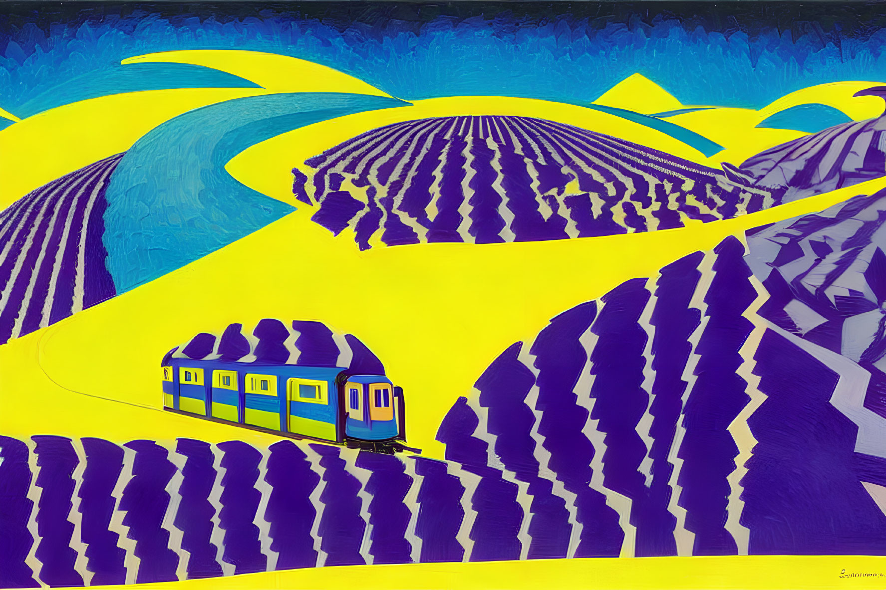 Colorful artwork: blue tram in yellow fields with surreal patterns.