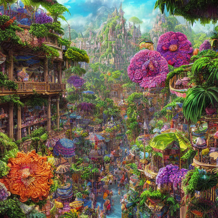 Colorful, lush fantasy landscape with oversized flowers and mountainous backdrop