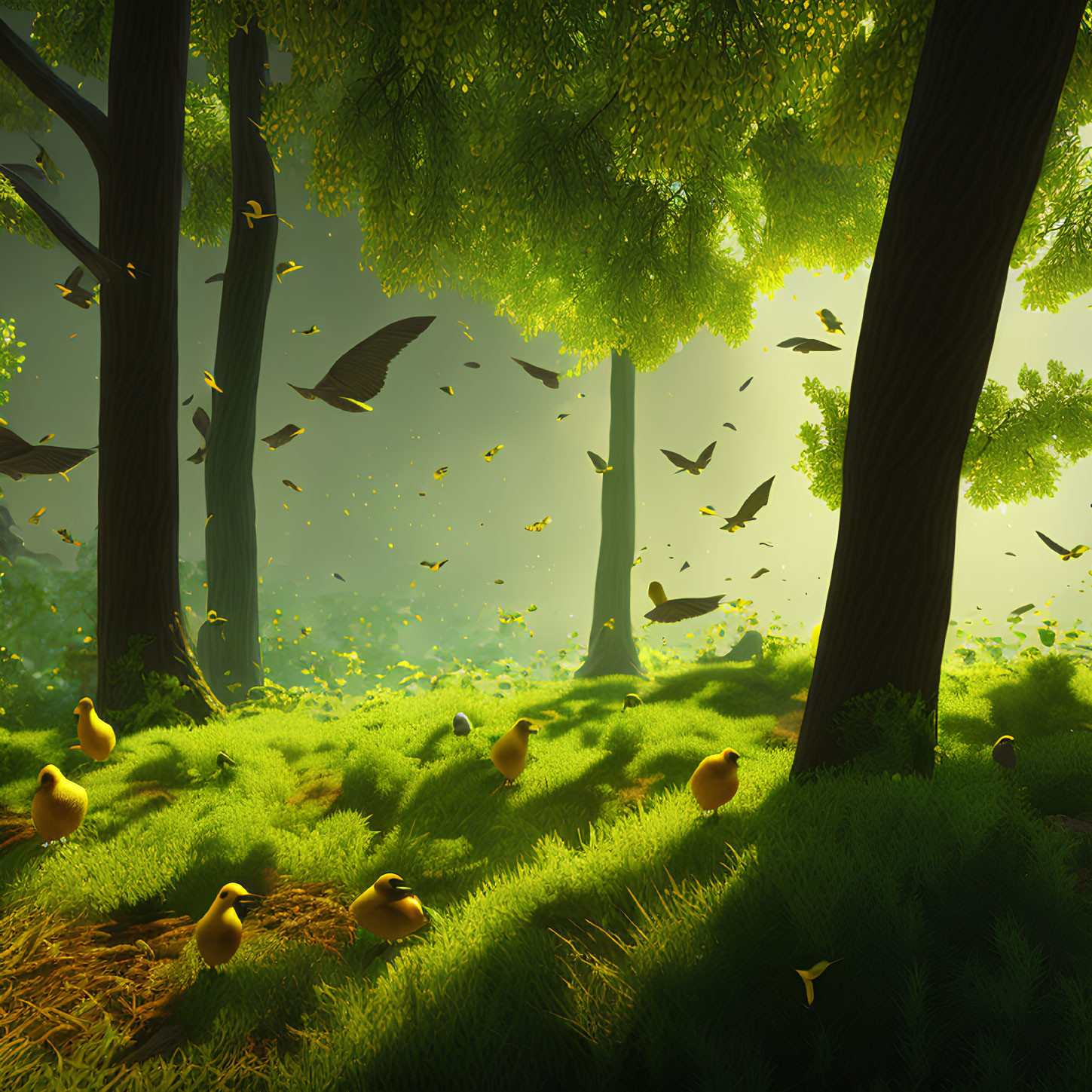 Birds flying in lush green forest under warm sunlight