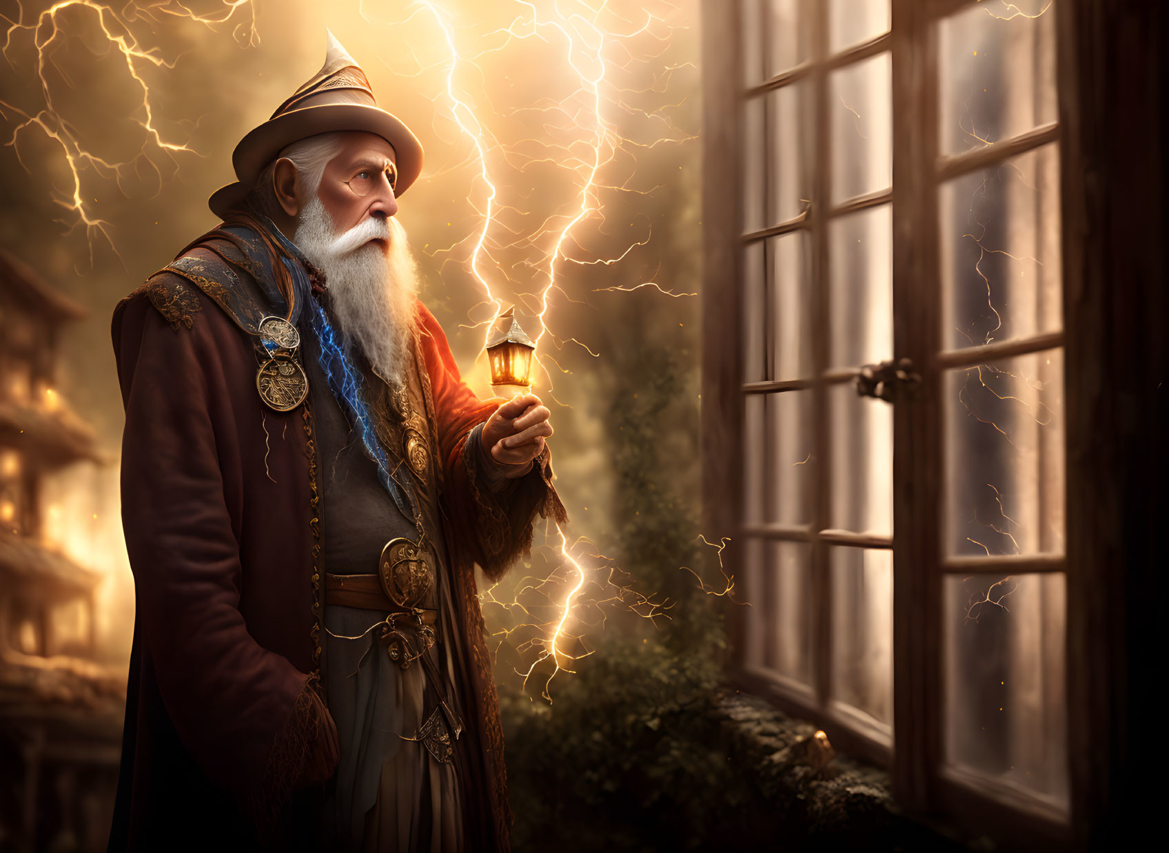 Elderly wizard with lantern in stormy weather