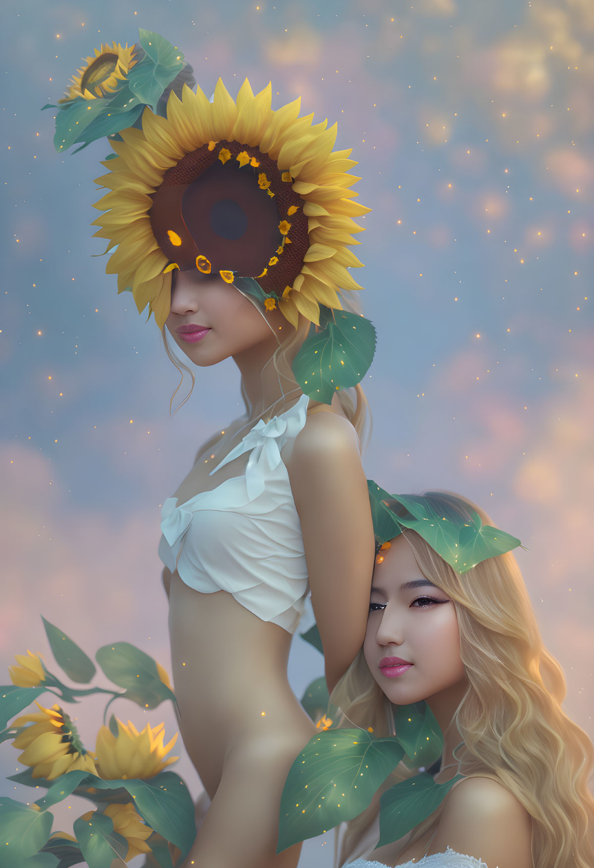 Digital Artwork: Two Women with Sunflower Motifs in Twilight Scene