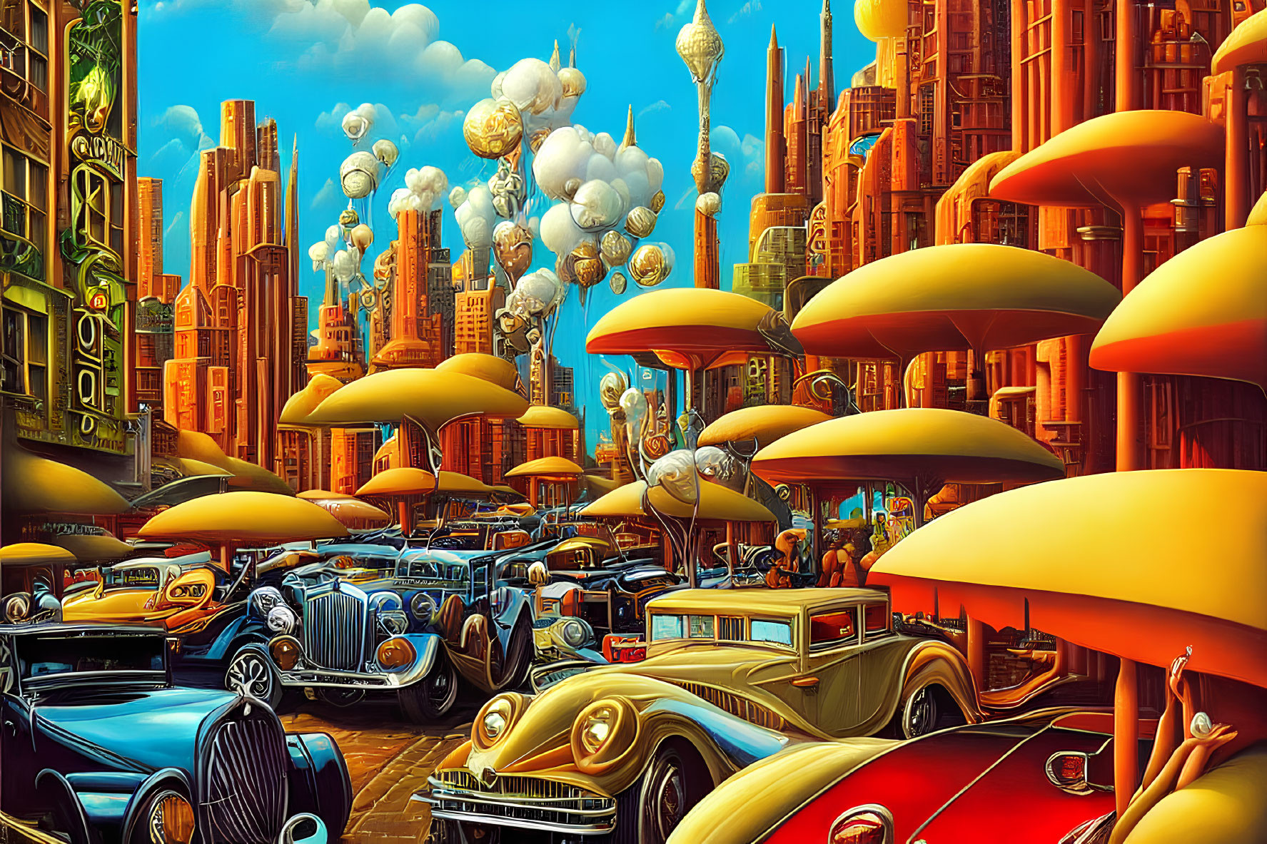 Colorful retro-futuristic cityscape with towering buildings and unique cars under a blue sky.