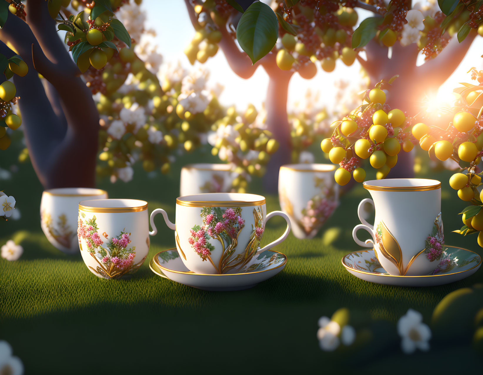 Floral Design Tea Set in Orchard with Blooming Flowers