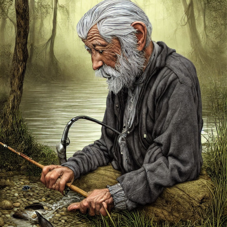 Elderly man with white beard fishing by misty river in gray jacket and hat.