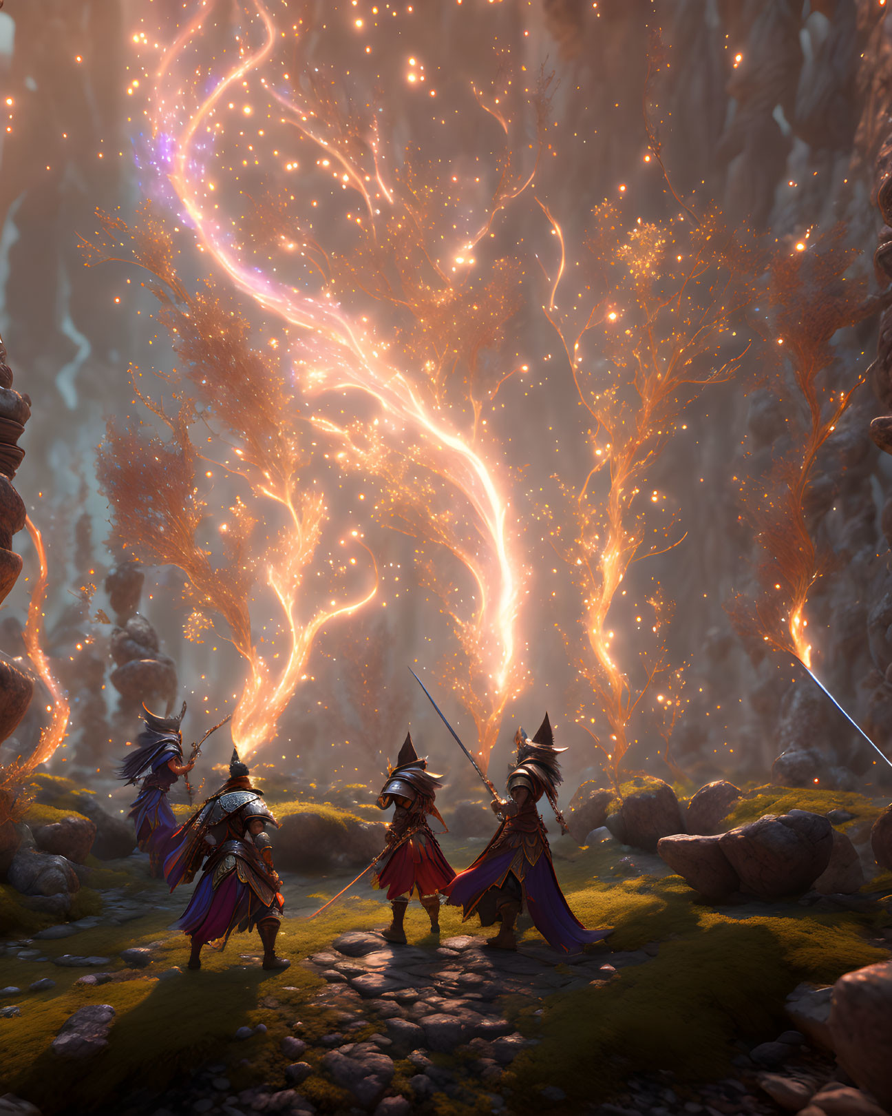 Fantasy warriors in armor observe glowing magical tree in rocky landscape