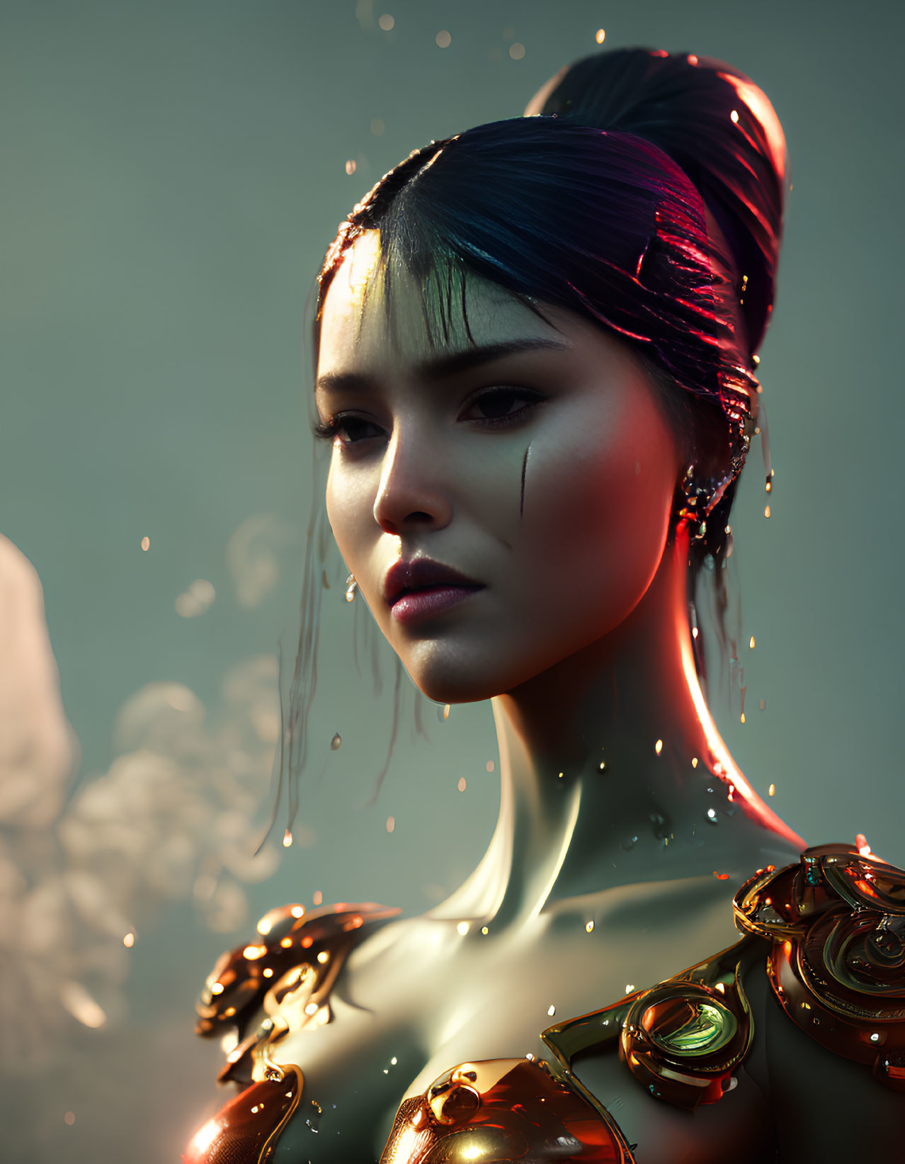 Digital art portrait of woman with glowing shoulder armor and teardrop designs on face