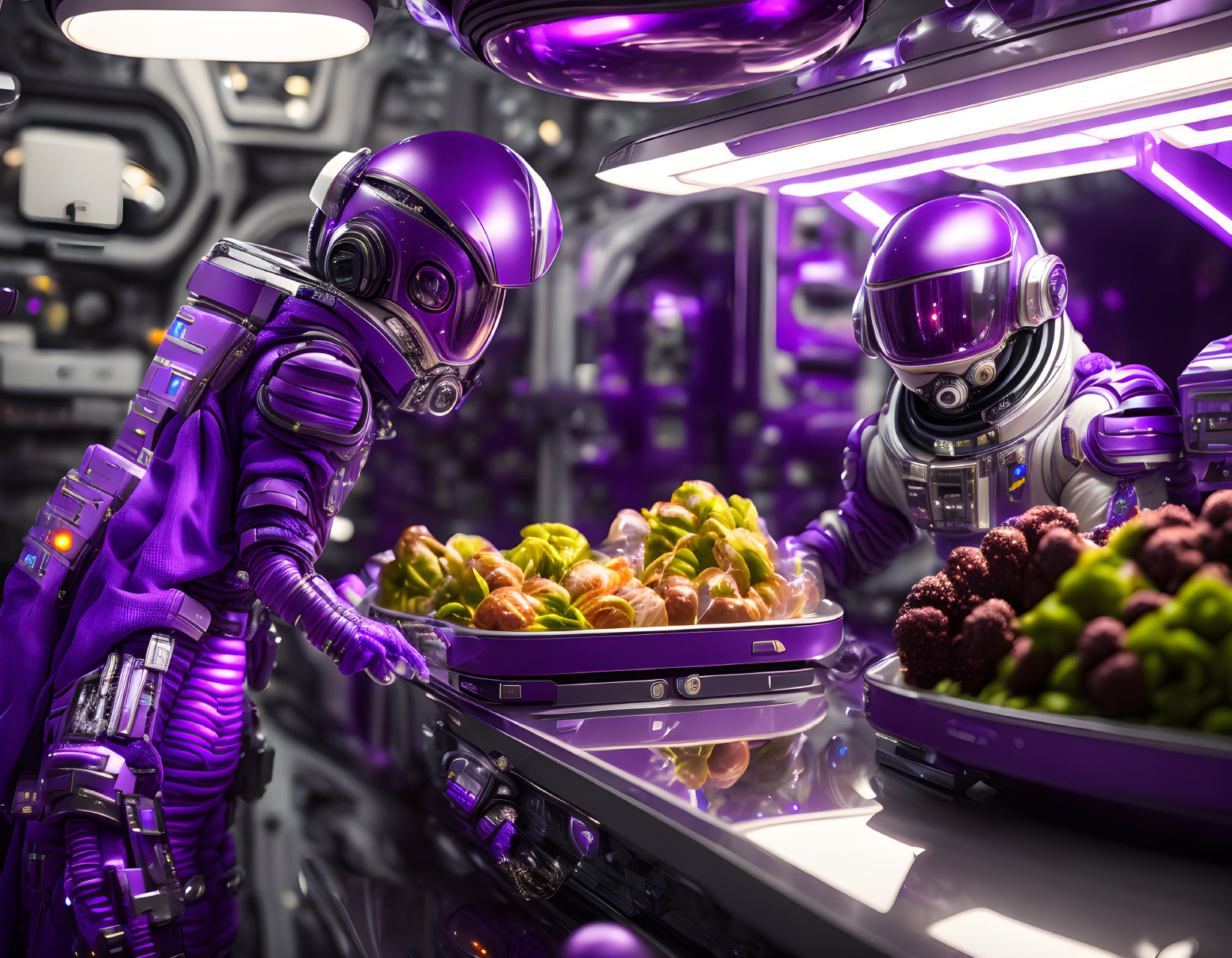 Futuristic robots in spaceship kitchen with purple lighting preparing brussels sprouts