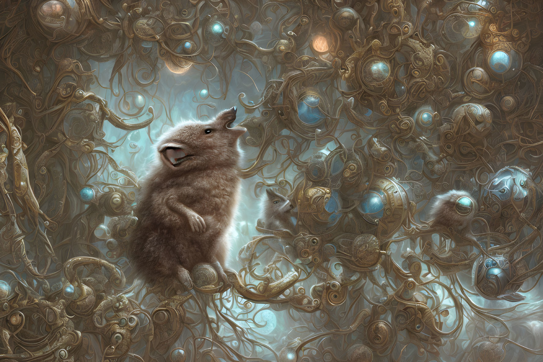 Whimsical fluffy creature with metallic orbs and ornate vines