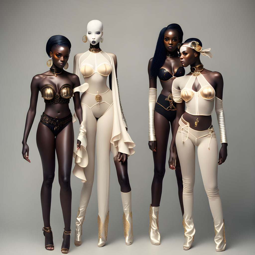 Four diverse female figures in white and gold avant-garde fashion poses gracefully