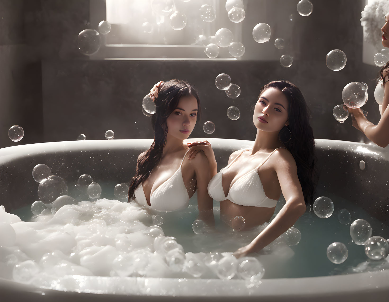 Two women in white bikinis in bubble bath with large soap bubbles